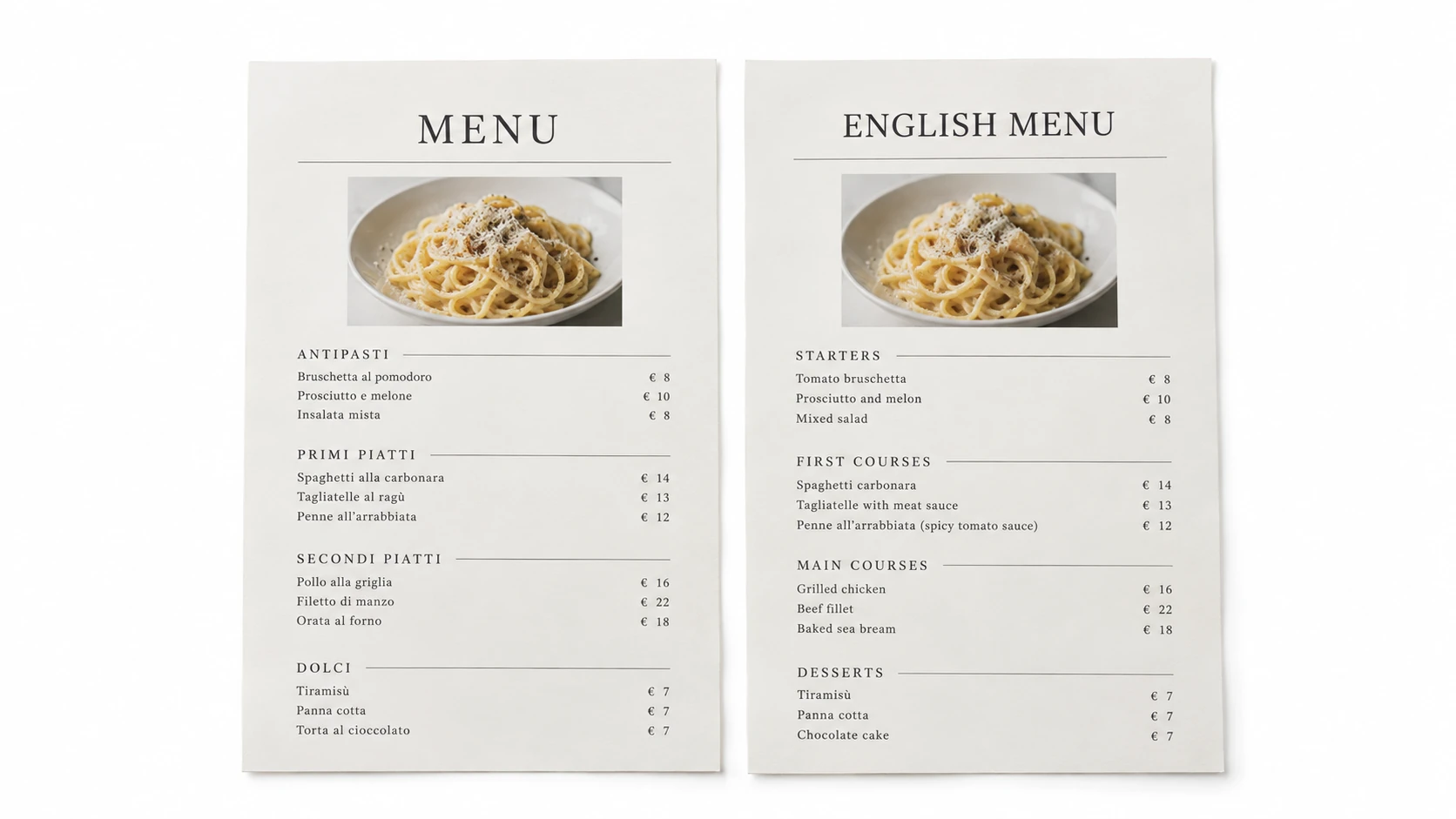 AI-generated bilingual menu visual concept, not evidence of an actual translation result.