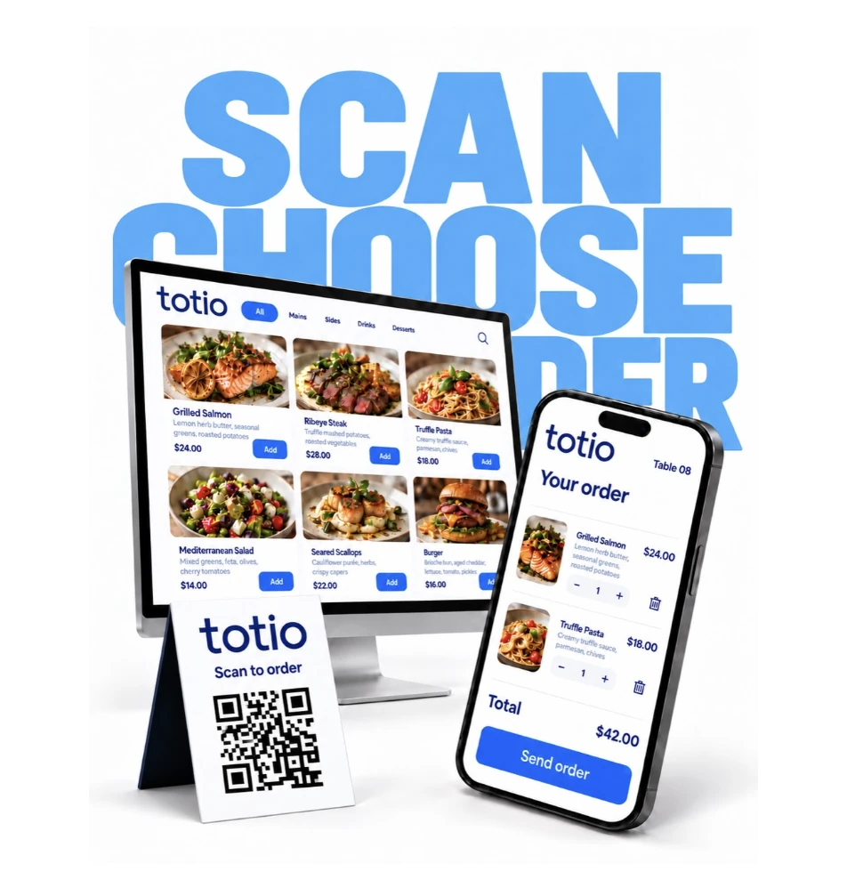 AI-generated QR ordering concept with a desktop menu, smartphone order and illustrative QR display.