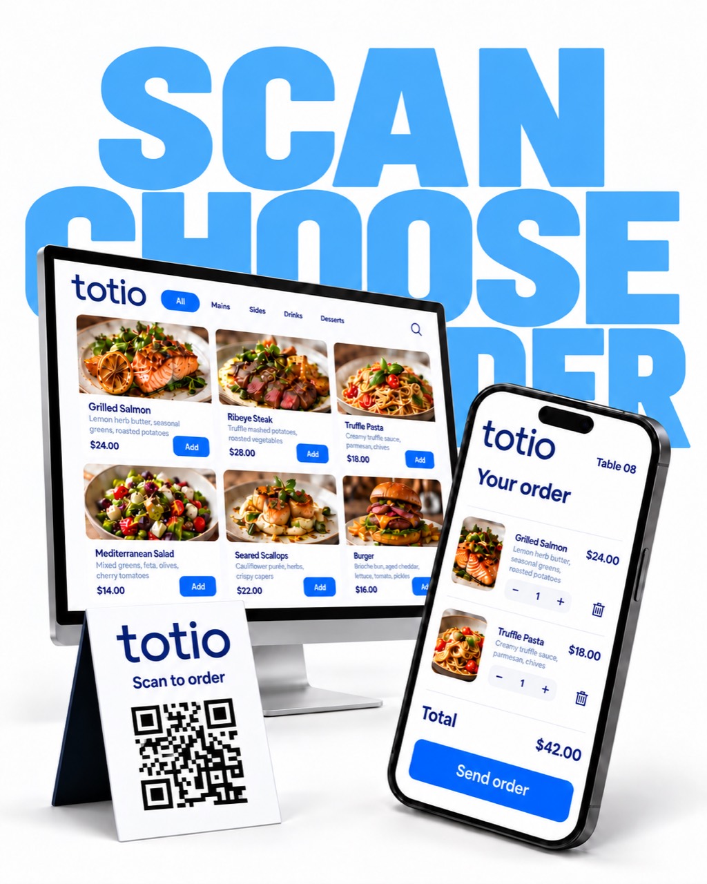 QR ordering concept with a guest smartphone and table card